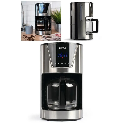 Livoo Cafetière programmable Machine à café 1L5 INOX GRISE 900W 12-tasses-minuteur LCD de 24-heures-acier inoxydable haute qualité