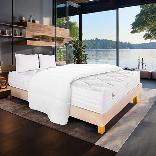 LUXURY LITERIE Ensemble Matelas Patriote Mousse, 27 cm, mousses haute densité , ferme, face été/hiver+sommier beige ep20cm+oreiller+couette, 140x190cm