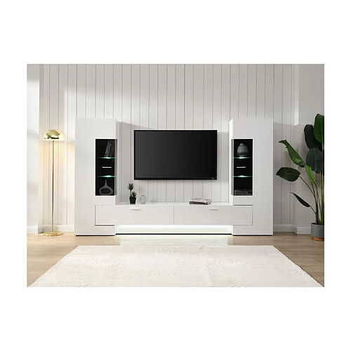 Vente-Unique Mur TV avec rangements et LEDs en MDF et verre - Blanc et noir - BANTRY