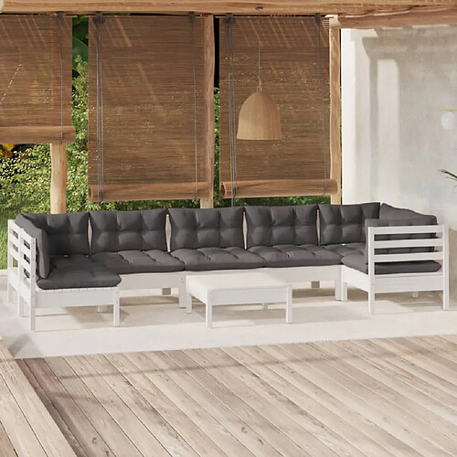 vidaXL Salon de jardin 8 pcs avec coussins blanc bois de pin