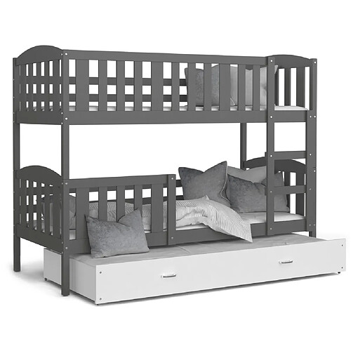 Kids Literie Lit Superposé 3 Places Teo 90x190 Gris - blanc Livré avec sommiers, tiroir et matelas en mousse de 7cm