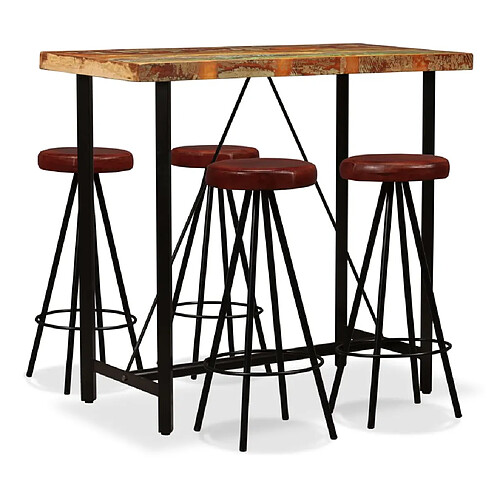 vidaXL Ensemble de bar 5 pcs Bois massif recyclé et cuir véritable