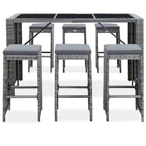 Maison Chic Ensemble de bar de jardin 7 pcs et coussins,Table + chaises + coussins d'extérieur Résine tressée Gris -GKD657985