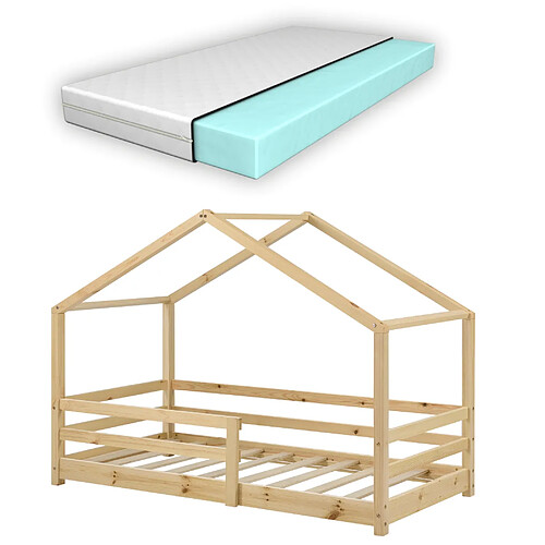 Lit Cabane Knätten avec Grille de Protection et Matelas Orthopédique 160 x 80 cm Naturel [en.casa]