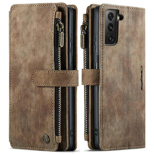 Caseme Etui en PU + TPU poche zippée, antichoc avec 10 porte-cartes marron pour votre Samsung Galaxy S21 5G