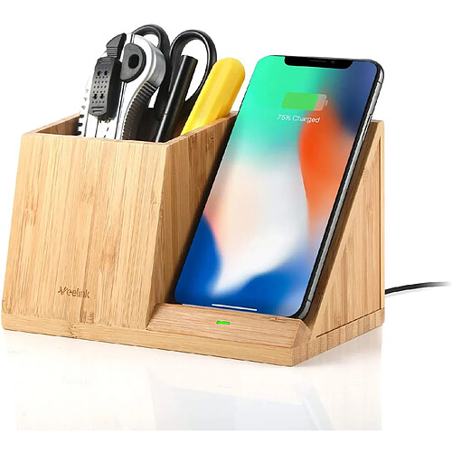 Chrono Chargeur sans fil en bambou avec organiseur en bois pour iPhone SE 11 X 8 Plus et Samsung S20 Edge S8 Plus S9 Plus Note 8(Jaune)