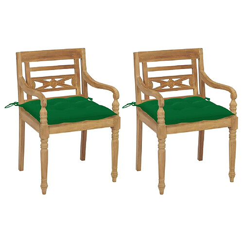 vidaXL Chaises Batavia lot de 2 et coussins verts Bois de teck massif