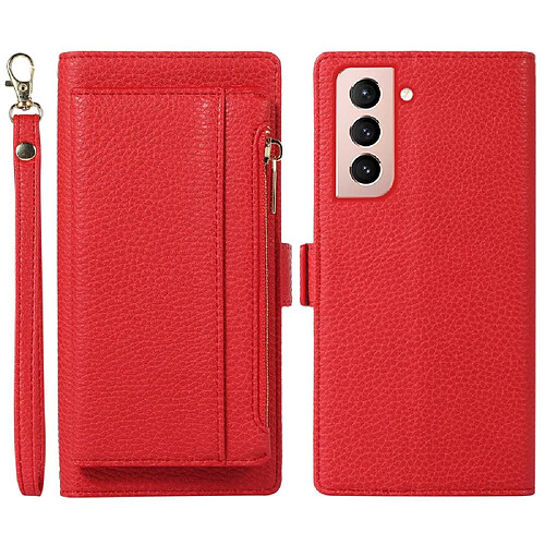 Etui en PU texture litchi, 2-en-1 magnétique, anti-chute avec pochette à fermeture éclair et sangle pour votre Samsung Galaxy S21 FE 5G - rouge