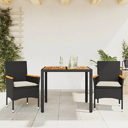 vidaXL Ensemble à manger de jardin et coussins 3 pcs noir rotin acacia