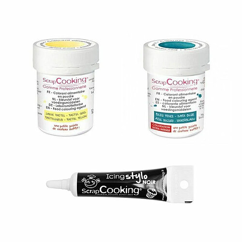 Scrapcooking 2 colorants alimentaires bleu foncé-jaune pastel + Stylo glaçage noir