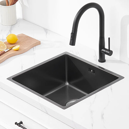 AuraLum Max Évier Encastré 44x44x20CMcm - Évier de Cuisine 1 Bac en Acier Inoxydable - Évier de Cuisine Gris Noir avec Vidange,EU Modèle