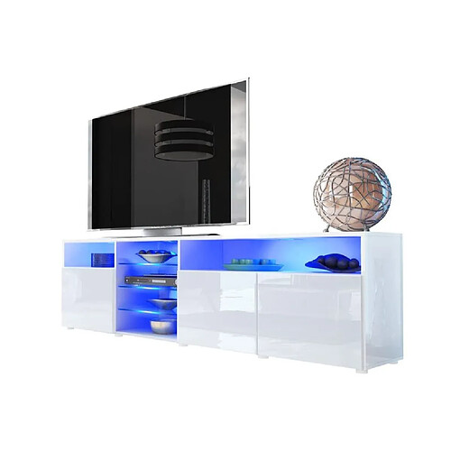 Dusine MEUBLE TV MASSIMO 200 cm Blanc Mat et portes Blanc Laquées LED RGB