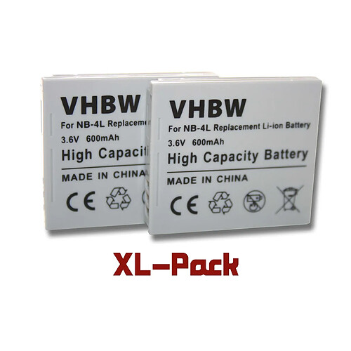 Vhbw 2 x Batterie Li-Ion 600mAh (3.6V) pour Canon Powershot, Ixus und Digital Ixus, par ex. 50, 115HS, 130, i7, SD450, etc, remplace la batterie type NB-4L