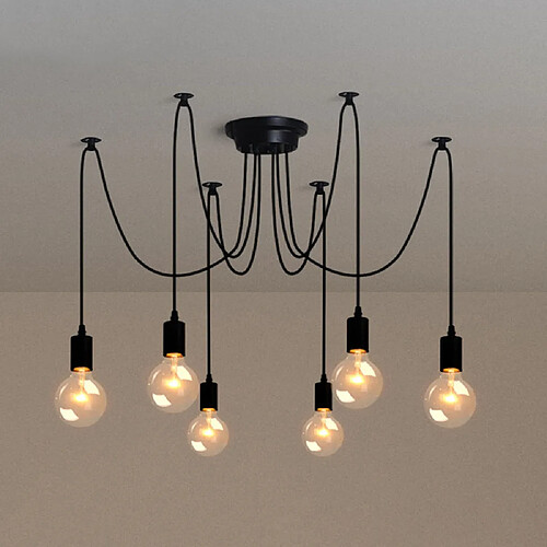 Stoex Lustre Suspension Araignee E27 Douille Rétro Industriel abat-jour Noir, DIY Ajustable Longueur avec 1.5m Fil, 6 bras (Non ampoule)