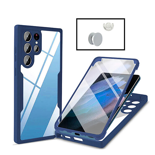 PHONECARE Kit Coque Anti-Crash 360 Protection + 1 GripHolder + 1 Support GripHolder Blanc pour Samsung Galaxy S22 Ultra 5G - Bleu Foncé