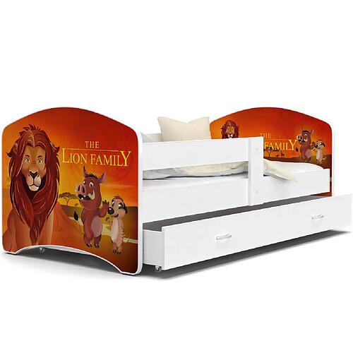 Kids Literie Lit Enfant Happy 80x160 Le Roi Lion Blanc Livré avec sommiers, tiroir et matelas en mousse de 7cm