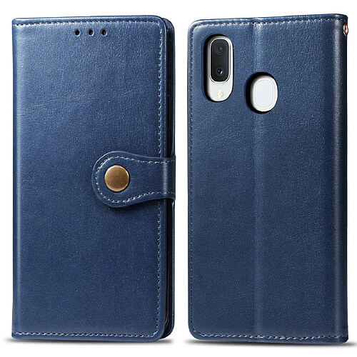 Wewoo Housse Coque Étui en cuir de protection de couleur unie rétro pour téléphone portable avec lanière et cadre photo et fente carteporte-monnaie et support Galaxy A20e bleu