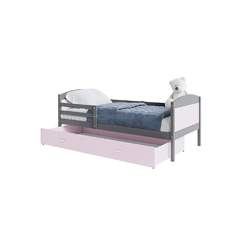 Kids Literie Lit Enfant Mateo 90x190 Gris - rose Livré avec sommiers, tiroir et matelas en mousse de 7cm