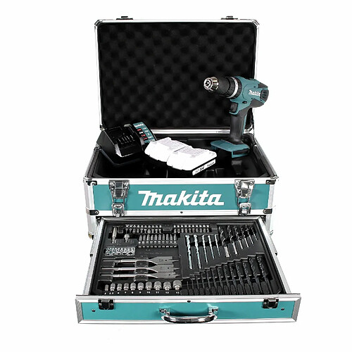 Makita HP 457 DWEX4 Perceuse-visseuse à percussion sans fil 18V 42Nm G-Serie + 2x Batteries 1,5Ah + Chargeur + 70 Forets et