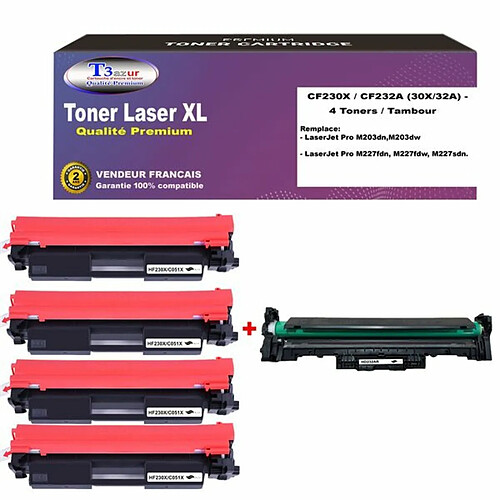 T3AZUR - 4 Toner+1 Tambour compatibles avec HP CF230X, CF232A (HP30X, HP32A)