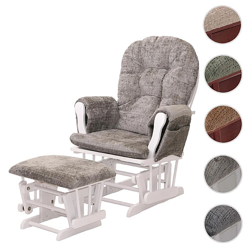 Mendler Fauteuil relax HWC-C76, fauteuil à bascule Fauteuil à bascule avec pouf Tissu/Textile Chenille (465g/m²) ~ gris clair, piètement blanc