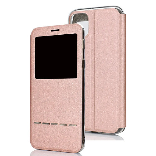 Wewoo Coque Support pour téléphone portable avec étui horizontal iPhone 11 Pro texture mat et fenêtre identification de l'appelant et bouton en métal coulissant déverrouiller or rose