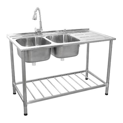 Monstershop KuKoo Evier Professionnel /Plonge Inox sur Pied à Doubles Bacs – Egouttoir à Droite