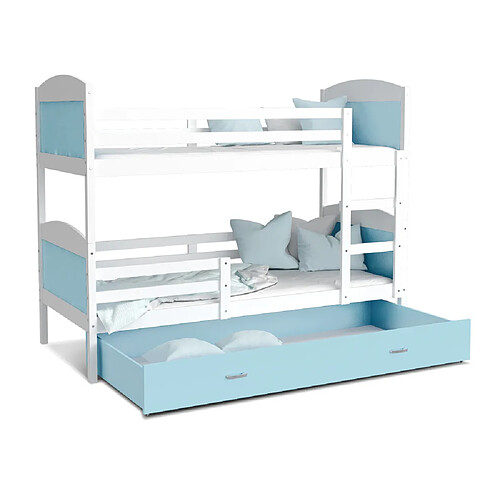 Kids Literie Lit Superposé Mateo 90x190 Blanc - bleu Livré avec sommiers, tiroir et matelas en mousse de 7cm