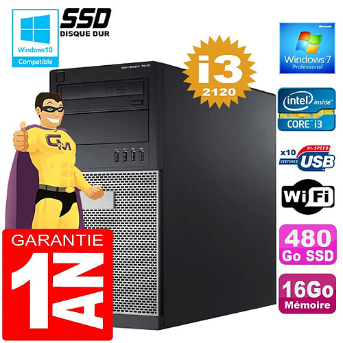 PC Tour DELL 7010 Core I3-2120 Ram 16Go Disque 480 Go SSD Wifi W7 · Occasion