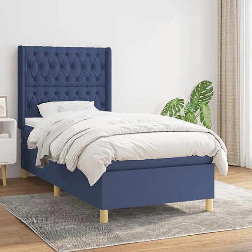 vidaXL Sommier à lattes de lit avec matelas Bleu 90x200 cm Tissu