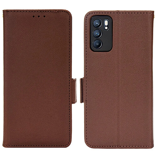 Etui en PU texture litchi, double fermeture magnétique avec support, marron pour votre Oppo Reno6 5G