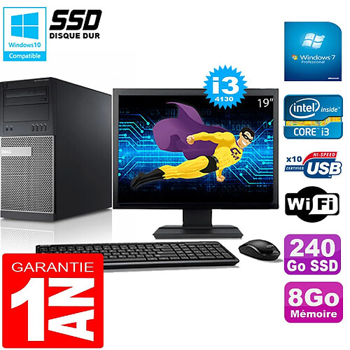 PC Tour DELL 9020 Core I3-4130 Ram 8Go Disque 240 Go SSD Wifi W7 Ecran 19" · Occasion