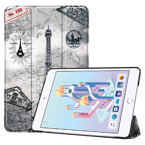 Etui en PU support triple motif imprimé tour eiffel et carte pour votre Apple iPad mini (2019)