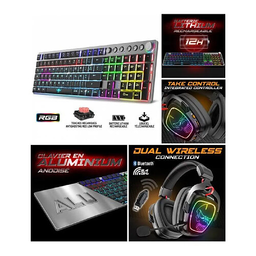 Spirit of Gamer CLAVIER SANS FIL ALU RGB 2.4 GHz Bluetooth et filaire + CASQUE sans fil 7.1 pc Mac Switch Bluetooth Sans fil 2,4 GHz Connection PS4