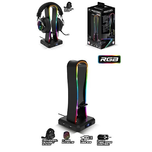 Spirit of Gamer Support Casque avec 4 Ports USB, Support Casque RGB Porte Casque Gamer pour PC Gamer, Casque Gaming, Noir avec guide câble