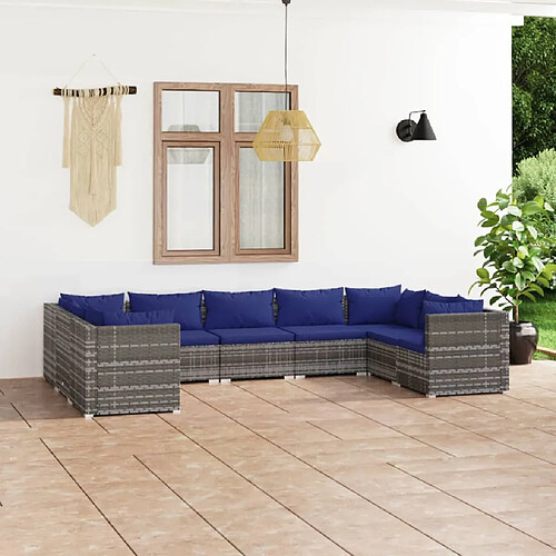 vidaXL Salon de jardin 9 pcs avec coussins Résine tressée Gris