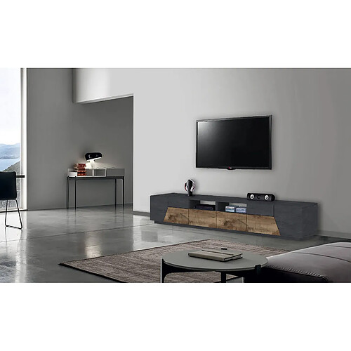 Alter Meuble TV de salon, Made in Italy, meuble TV avec 4 portes géométriques et 2 tiroirs, Cm 260x43h46, Ardoise et Érable