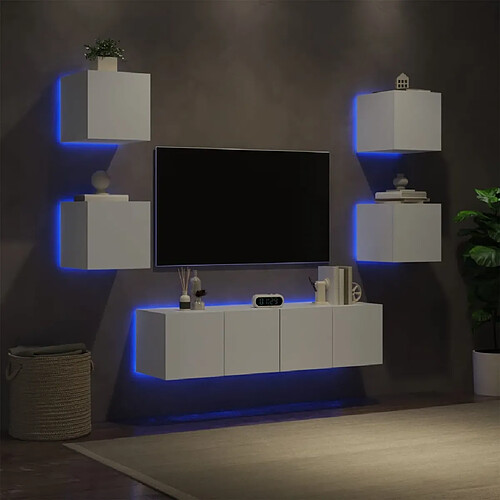 vidaXL Unités murales TV avec LED 6 pcs blanc bois d'ingénierie