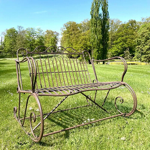 L'Héritier Du Temps Rocking Chair Double Vienne Marron Fauteuil 2 Places de Jardin Banc à Bascule Intérieur Extérieur en Métal Patiné 88x89x114,5cm