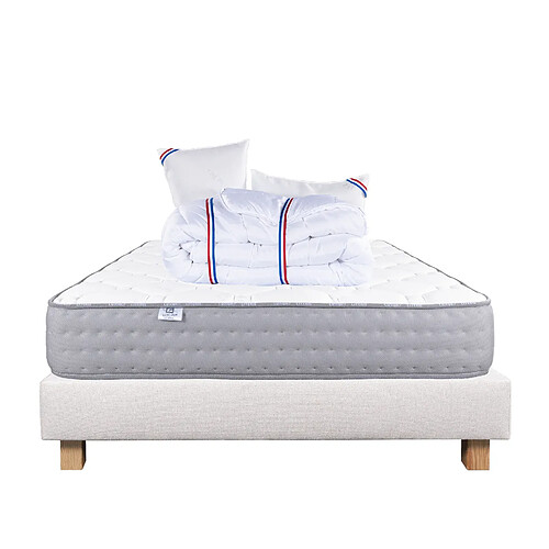 LUXURY LITERIE Ensemble matelas zen 160x200 cm + sommier beige ep20cm + 2 oreillers + couette