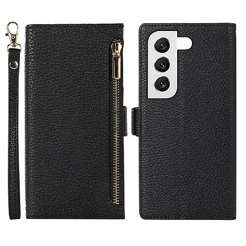 Etui en PU texture litchi, magnétique avec support, pochette à fermeture éclair et sangle pour votre Samsung Galaxy S22 5G - noir