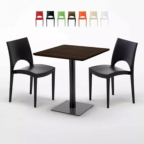 Grand Soleil Table carrée 70x70 plateau effet bois avec 2 chaises colorées Paris Melon - Noir