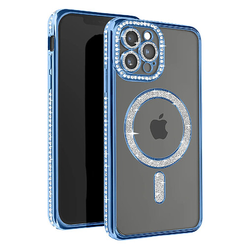 Avizar Coque Diamant pour iPhone 12 Pro Max Protection MagSafe Contour Strass Bleu Clair