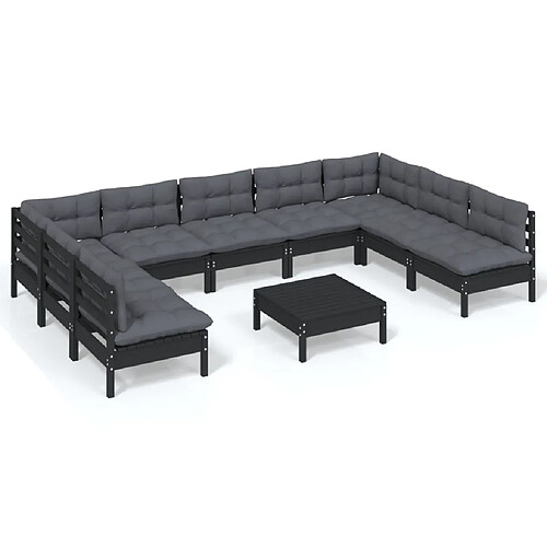 Maison Chic Salon de jardin 10 pcs + coussins - Mobilier/Meubles de jardin - Table et chaises d'extérieur Noir Bois de pin solide -MN76546