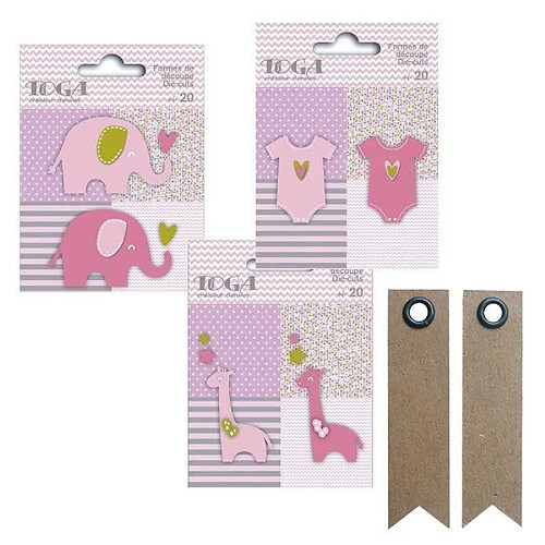 Youdoit 60 formes découpées girafes, éléphants et body rose-vert-gris + 20 étiquettes kraft Fanion