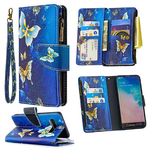 Etui en PU fermeture à glissière d'impression de modèle papillon bleu clair pour votre Samsung Galaxy S10