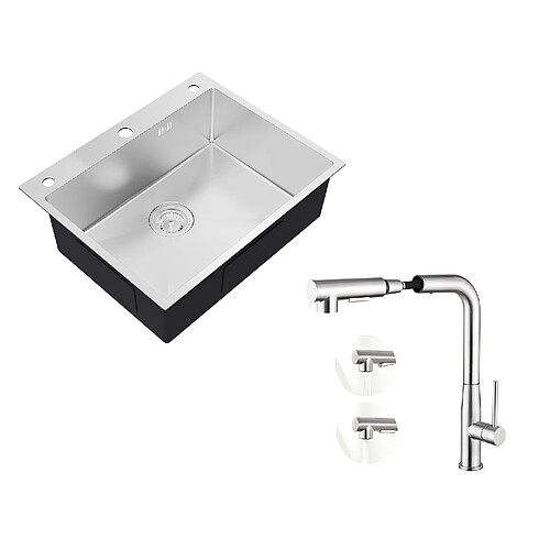 Auralum max Évier Cuisine à Encastrer,1 Bac,60*49*20CM,Évier en Acier inoxydable 304,Silver+Mitigeur Cuisine avec Douchette Extractible Rotatif 360°