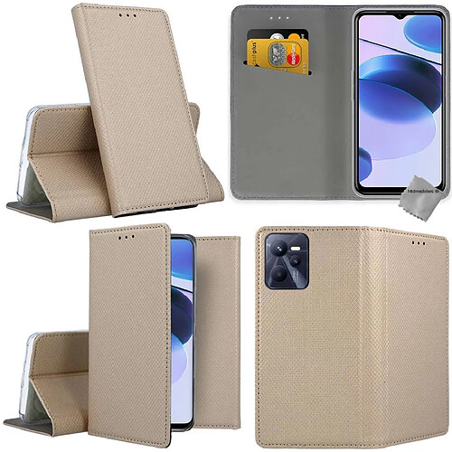 Htdmobiles Housse etui portefeuille avec coque intérieure en silicone pour Realme C35 / Narzo 50A Prime + verre trempe - OR MAGNET