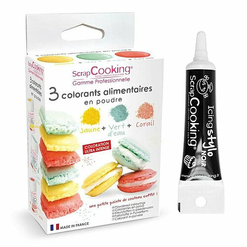 Scrapcooking 3 colorants alimentaires vert d'eau, corail, jaune + Stylo glaçage noir