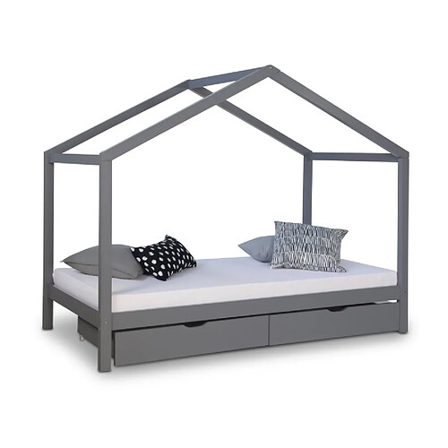 Homestyle4U Lit cabane enfant 90x200 avec tiroirs bois Gris